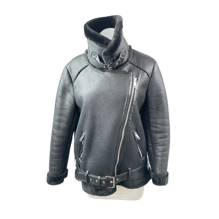 Ly Varey Lin Women's Black Faux Leather Fleece Moto Biker Aviator Jacket Size S