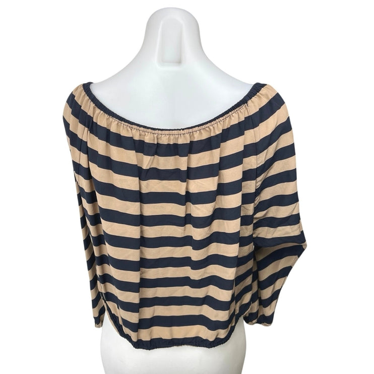 BCBGMAXAZRIA Black Tan Striped 100% Silk Boat Neck Long Sleeve Blouse Top Sz XS