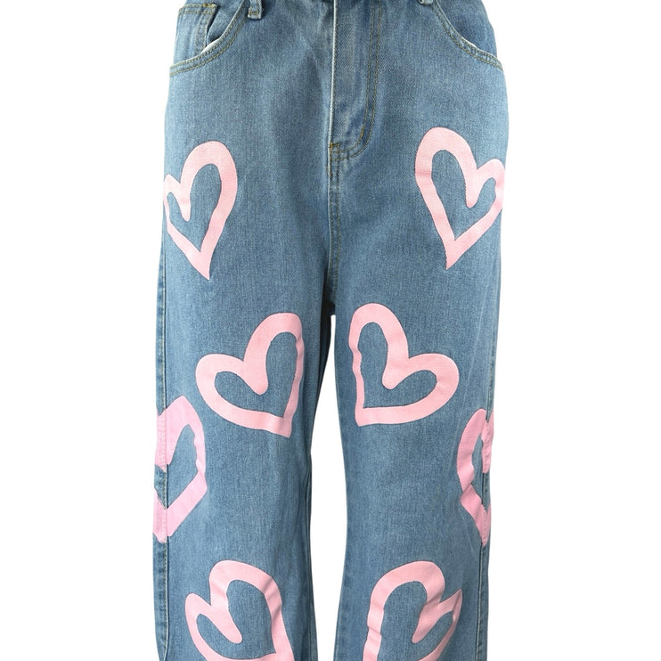 Colorful Natalie Blue Pink Hearts High Waisted Baggy Wide Leg Denim Jeans Size L