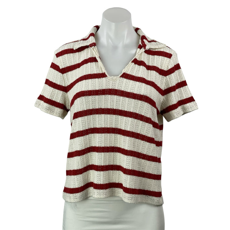 Madewell Women's Cream Red Striped Pointell Knit Short Sleeve Polo Shirt Top M
