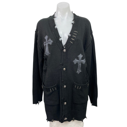 Noemie Women's Black Distressed Cross Button Down Long Cardigan Sweater Size M
