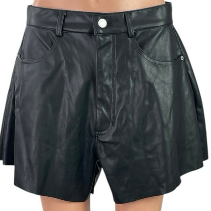 NEW WeWoreWhat Black Faux Vegan Leather High Rise A-Line Flare Bell Shorts Sz 30