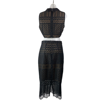 BCBGMAXAZRIA Black Crochet Sleeveless Collared Cropped 2 Piece Skirt Set Size 6