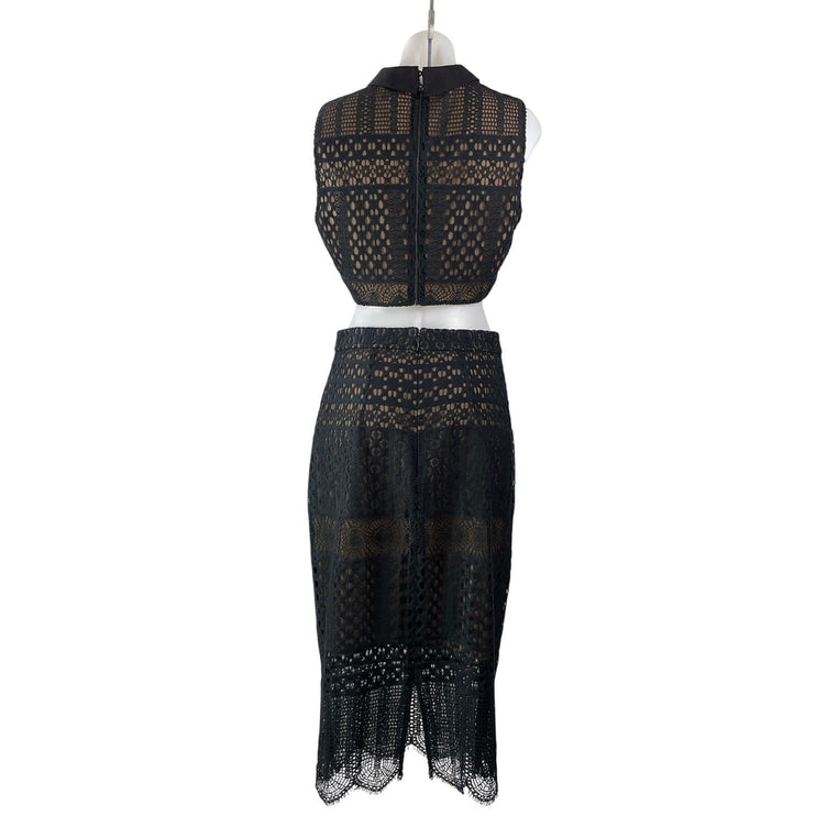 BCBGMAXAZRIA Black Crochet Sleeveless Collared Cropped 2 Piece Skirt Set Size 6