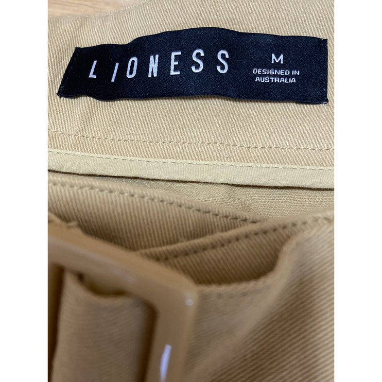 Lioness Women's Tan Belted Mid Waist Pleated Cutoff A Line Mini Skirt Size M