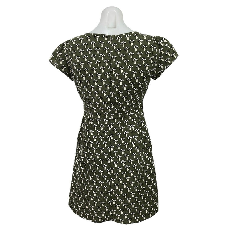 Gold Kid Green Corduroy Mushroom Belted Puff Short Sleeve Mini A-Line Dress S/M