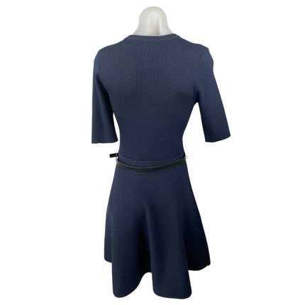 Karen Millen Navy Blue Ribbed Crew Neck Half Sleeve Belted Mini A-Line Dress M