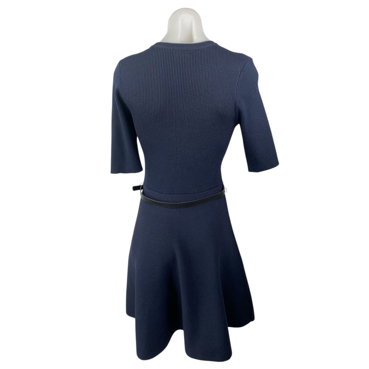 Karen Millen Navy Blue Ribbed Crew Neck Half Sleeve Belted Mini A-Line Dress M
