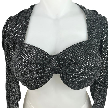Fashion to Figure Leandra Black Puff Sleeve Metallic Sequin Ruched Crop Top Sz L