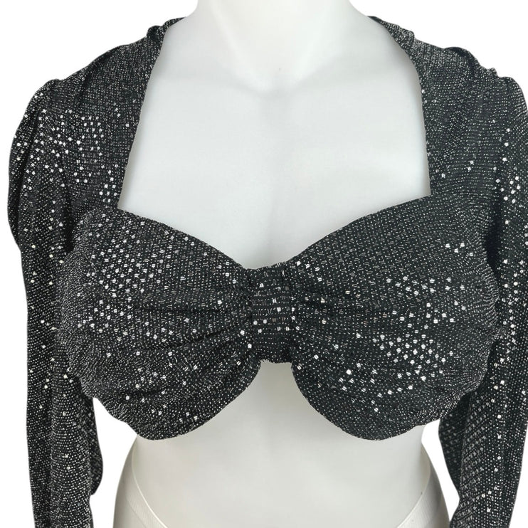 Fashion to Figure Leandra Black Puff Sleeve Metallic Sequin Ruched Crop Top Sz L