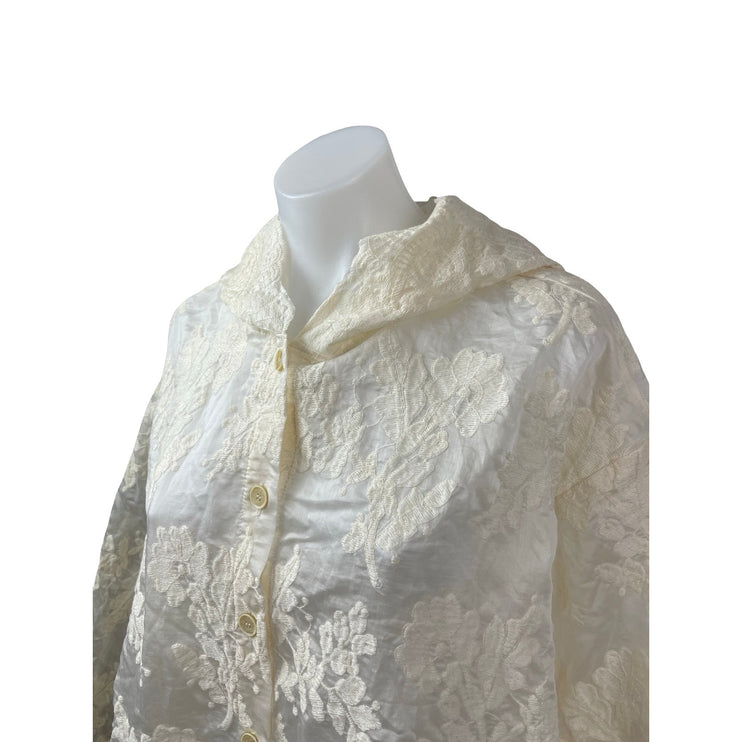 NEW Chenopod Ivory Floral Lace Hooded Long Sleeve Button Down Poncho Cape Top M