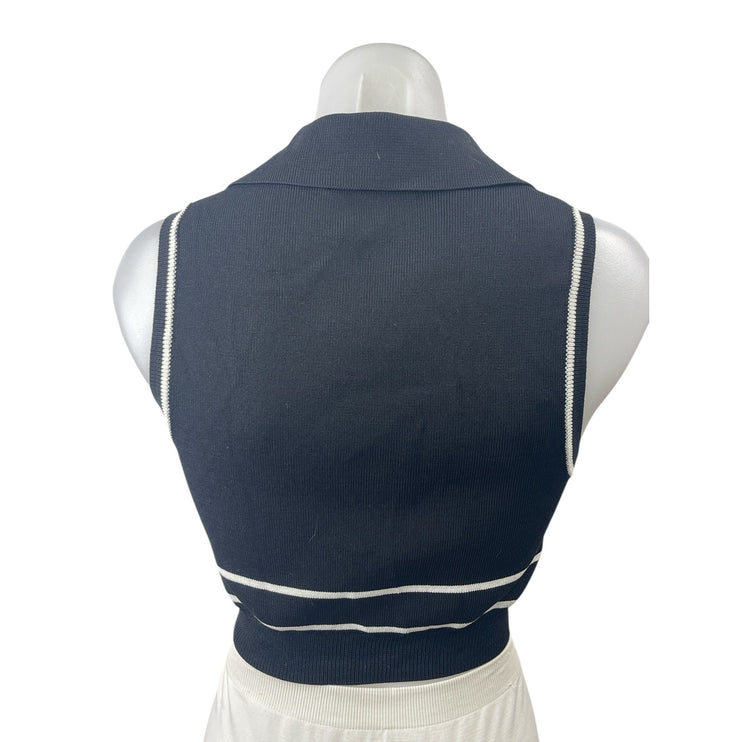 Oak + Fort Black Striped Rib Knit V Neck Collared Sleeveless Crop Tank Top Sz S