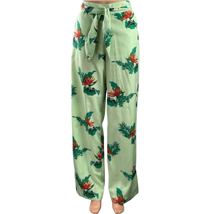 Mango MNG Green Floral Tropical Print Belted Wide Leg Ankle Trousers Pants Sz XS