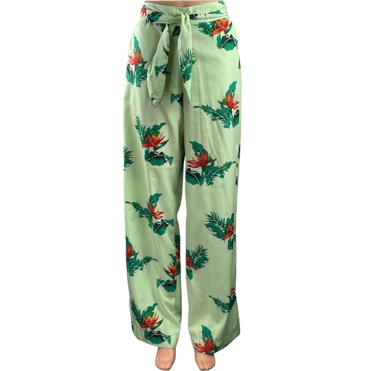 Mango MNG Green Floral Tropical Print Belted Wide Leg Ankle Trousers Pants Sz XS