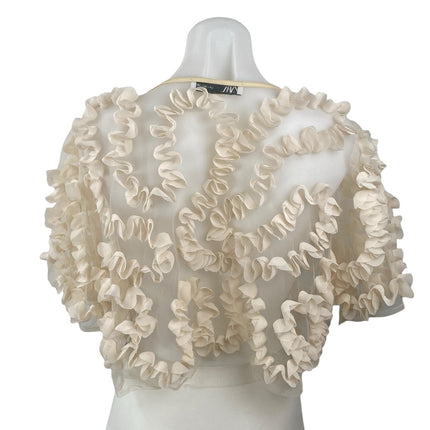 Zara Women's Cream Sheer Mesh Ruffle 3D Short Sleeve Cropped Blouse Top Size M