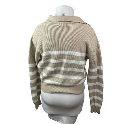 Marled Women's Beige White Striped Collared Long Sleeve Crop Polo Sweater Top XL