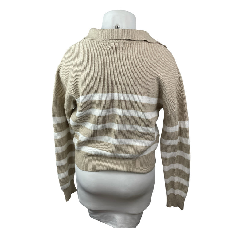 Marled Women's Beige White Striped Collared Long Sleeve Crop Polo Sweater Top XL
