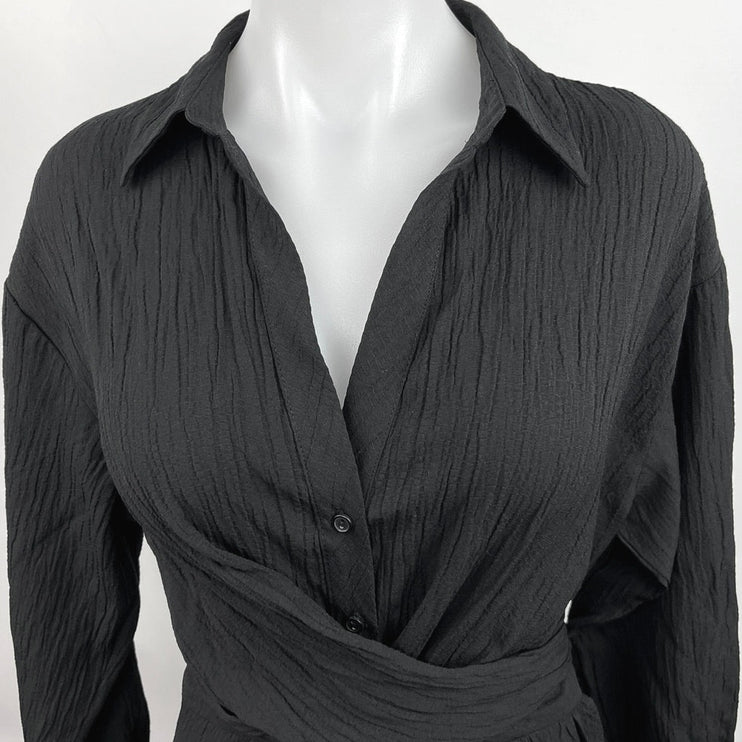 Zara Black Black Collared V Neck Long Sleeve Adjustable Mini Wrap Dress Size XS