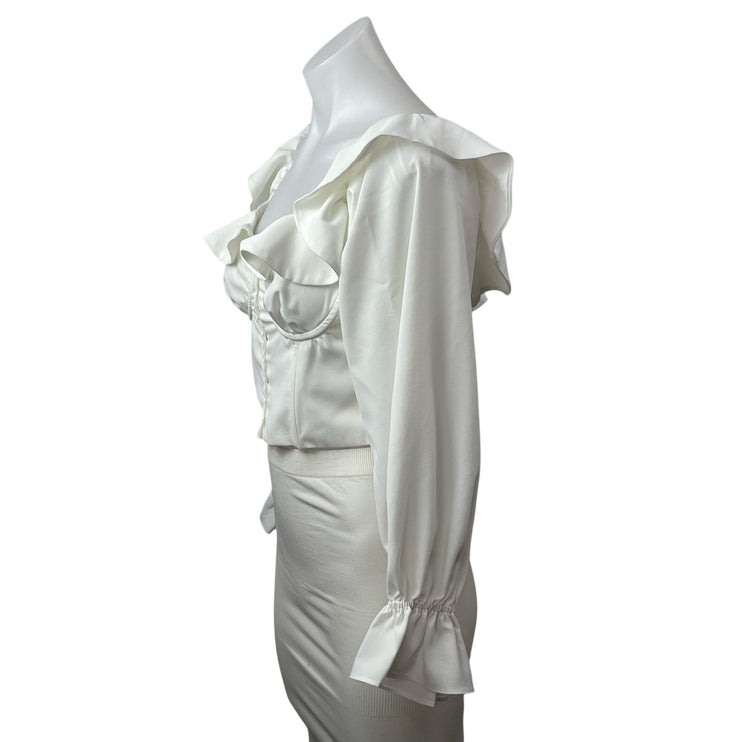 Victoria + Sophia Women's White Ruffled Long Sleeve Bustier Corset Crop Top Sz M