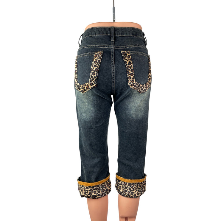 Romwe Leopard Faux Fur Patchwork Mid Rise Vintage Capri Denim Jeans Pants Size S