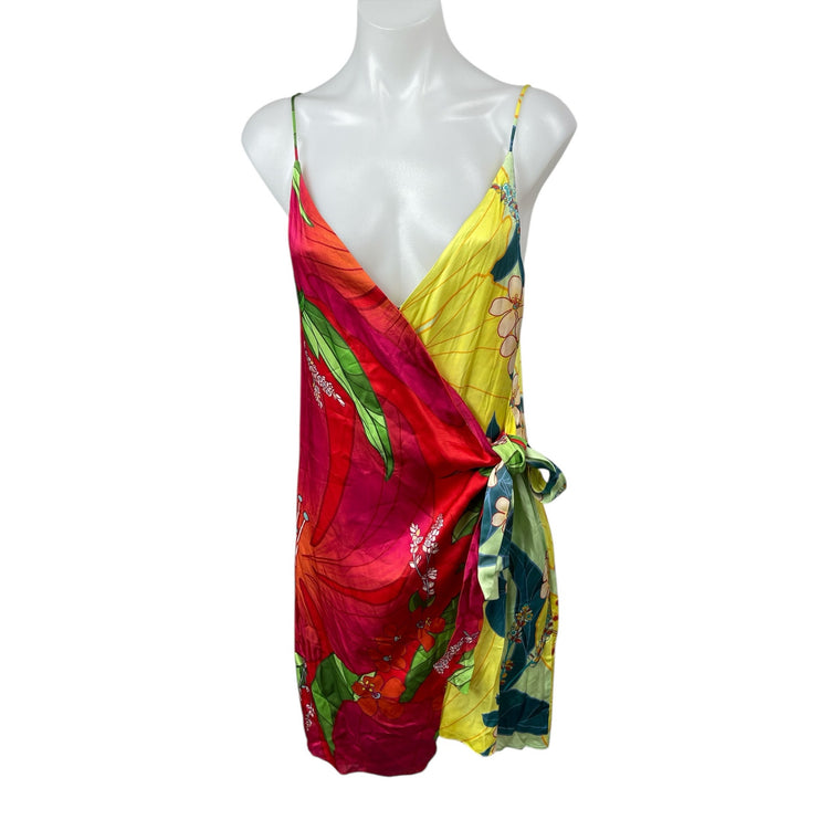 NEW Farm Rio Multicolor Floral Satin Sleeveless V Neck Mini Tie Wrap Dress Sz M
