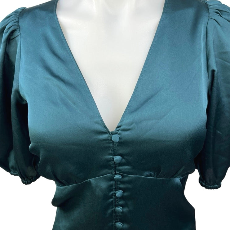 Abercrombie & Fitch Blue Silk Satin V-neck Puff Sleeve Tie Back Blouse Top Sz S