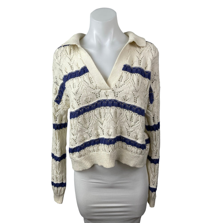 Universal Thread Cream Blue Knit Striped V Neck Long Sleeve Polo Sweater Top S