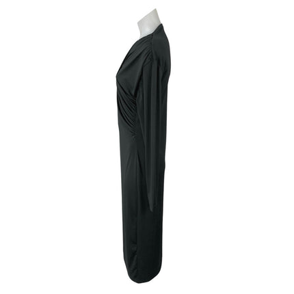 H&M Black Long Sleeve Faux Wrap V Neck Stretch Formal Midi Sheath Dress Size L