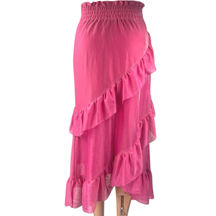 Alamour Pink Ruffle Tiered Elastic Waist Asymmetrical Midi A-Line Skirt Size XS