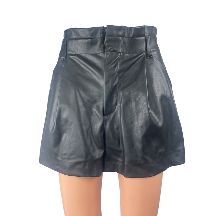 NEW Zara Women's Black Faux Vegan Leather Pleated High Waisted A-Line Shorts XS