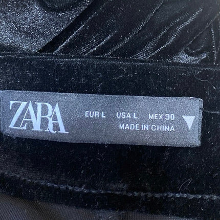 Zara Black Velvet Velour Straight Wide Leg High Waisted Pull On Trousers Pants L