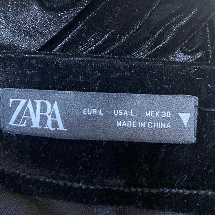 Zara Black Velvet Velour Straight Wide Leg High Waisted Pull On Trousers Pants L