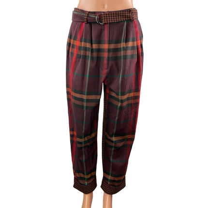 Topshop Women's Multicolor Plaid Check Pleated Belted Tapered Trouser Pants Sz 6
