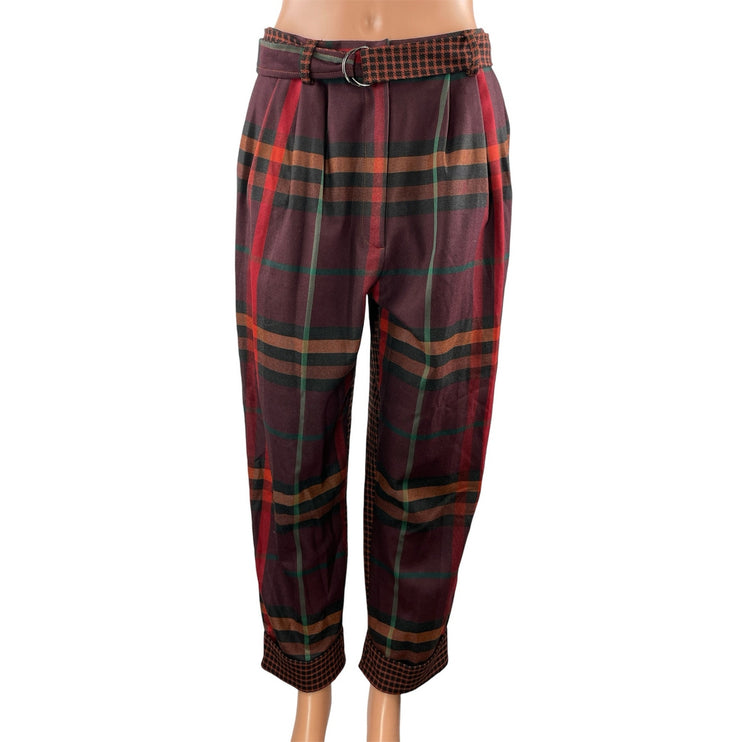 Topshop Women's Multicolor Plaid Check Pleated Belted Tapered Trouser Pants Sz 6