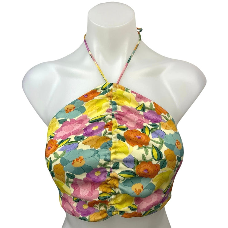 Zara Multicolor Floral Halter Tie Ruched Smocked Sleeveless Crop Top Size S