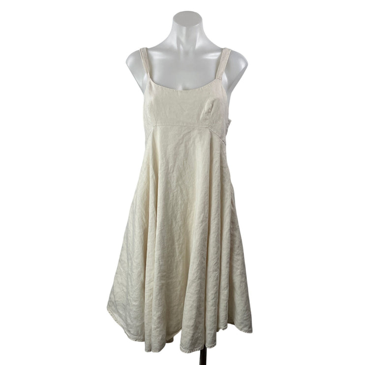 French Connection Cream 100% Linen Sleeveless Pleated A Line Midi Dress Size 8