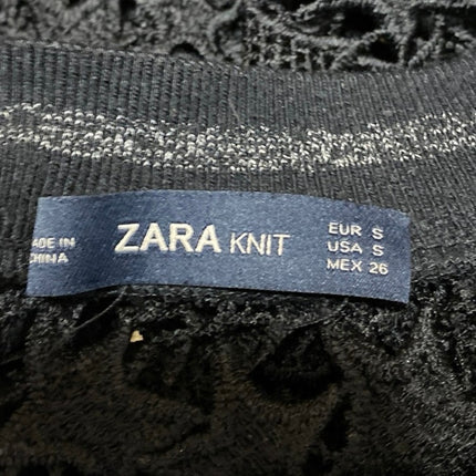 Zara Black Long Sleeve Star Open Knit Crochet Crew Neck Sweater Sweatshirt S