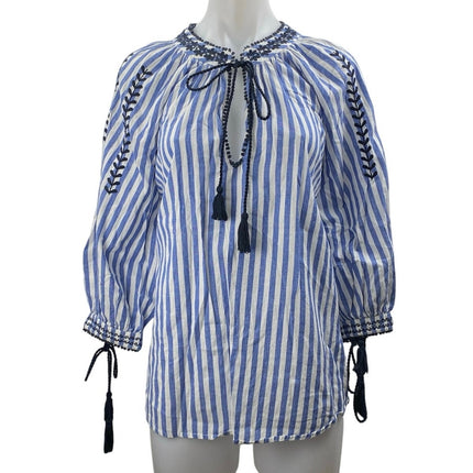 Zara Blue White Striped Embroidered Tie Neck Tassels Long Sleeve Blouse Top Sz M