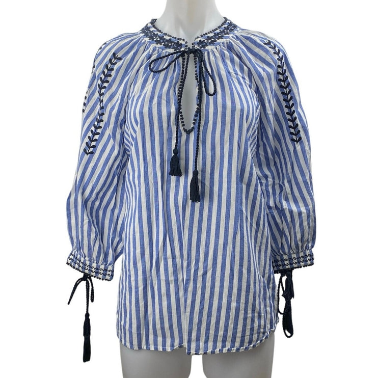 Zara Blue White Striped Embroidered Tie Neck Tassels Long Sleeve Blouse Top Sz M