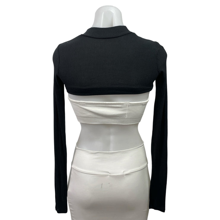 Alo Yoga Black Mock Neck Long Sleeve Ribbed Knit Shrug Bolero Crop Top Size XS