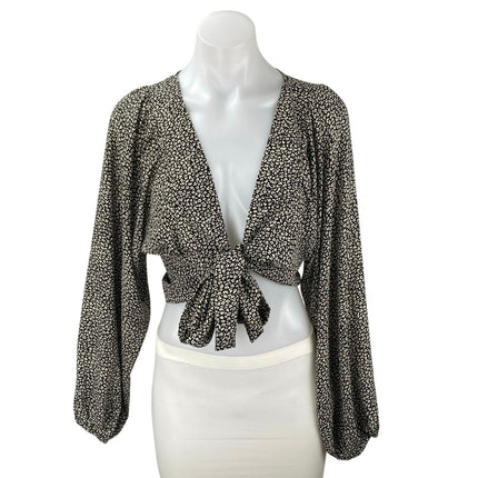 Princess Polly Black Leopard Print Long Sleeve Tie Front Crop Blouse Top Size 4