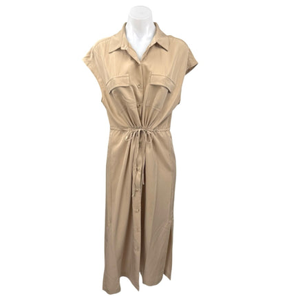 Old Navy Tan Beige Sleeveless Collar Button Down Drawstring Midi Shirt Dress M