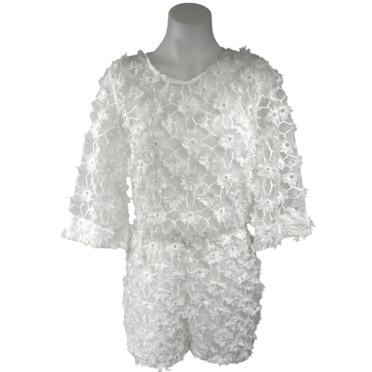 H&M White 3D Floral 3/4 Sleeve Embroidered Mesh Bridal Romper Shorts Size 2