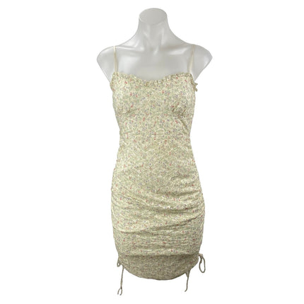 Blue Blush Yellow Floral Ruffle Sleeveless Ruched Cami Mini Bodycon Dress Size S