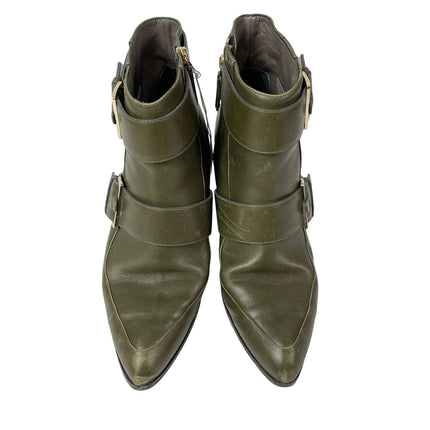 Jason Wu Green Double Buckle Strap Pointed Toe Block Heel Ankle Booties Size 9.5