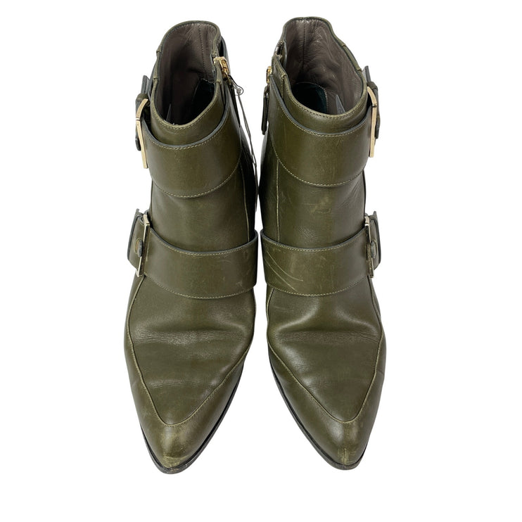 Jason Wu Green Double Buckle Strap Pointed Toe Block Heel Ankle Booties Size 9.5