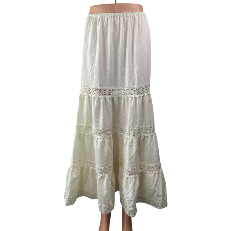 NEW Cider Women's White Floral Lace Boho Y2k Tiered A Line Midi Skirt Size L
