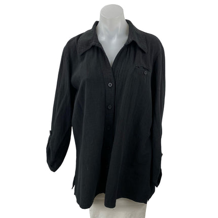 Chico's Women's Black Roll Tab Long Sleeve Pocket Button Down Shirt Top Size 3