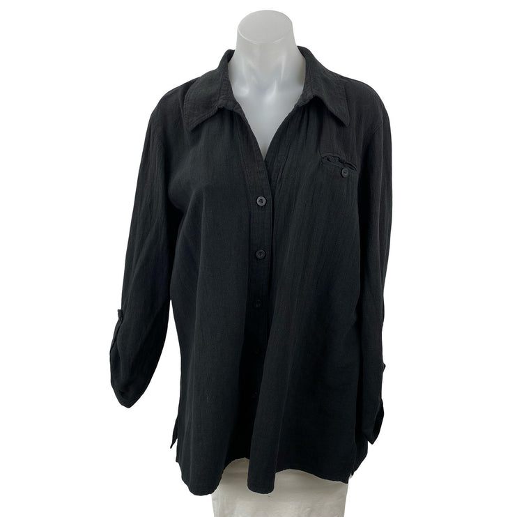 Chico's Women's Black Roll Tab Long Sleeve Pocket Button Down Shirt Top Size 3