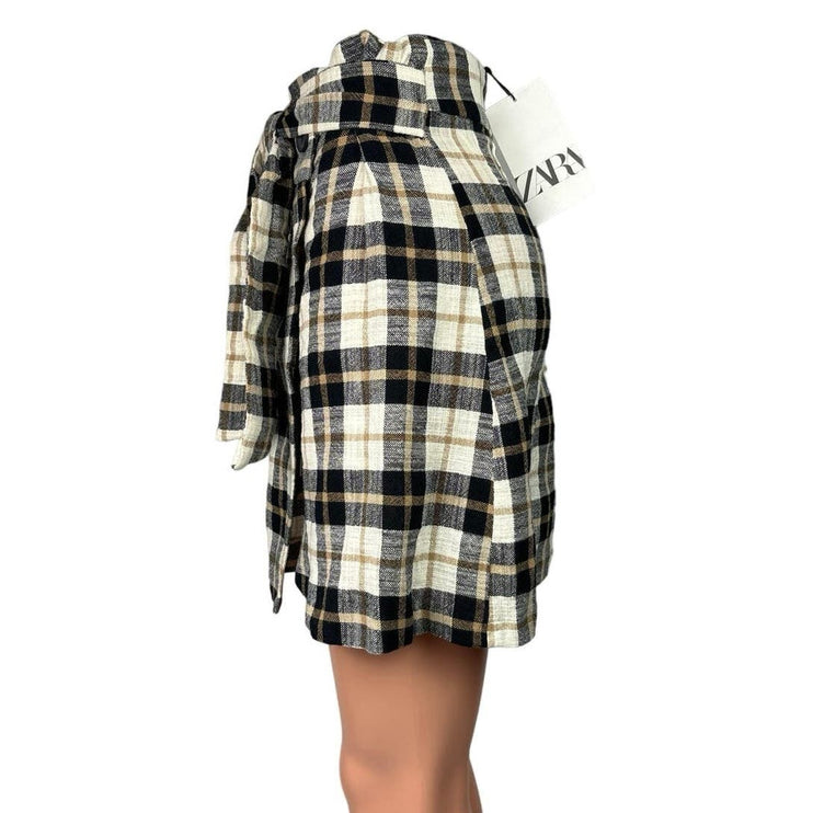 Zara NWT Black White Plaid Paperbag Tie Belt Preppy Checkered Wrap Mini Skirt XS